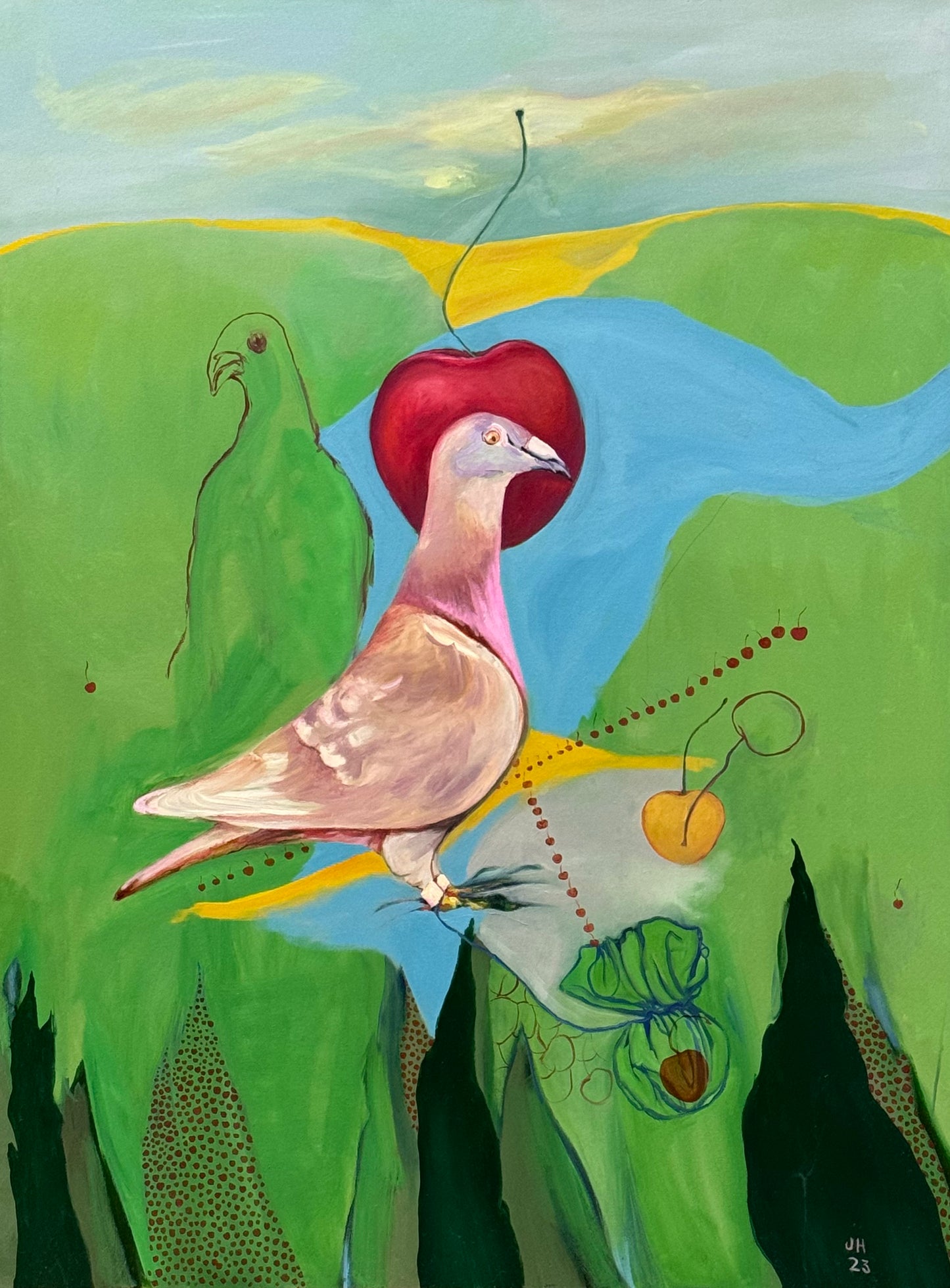 600 Cherries Carried by Pigeon, Oil on Canvas, 30"x40"